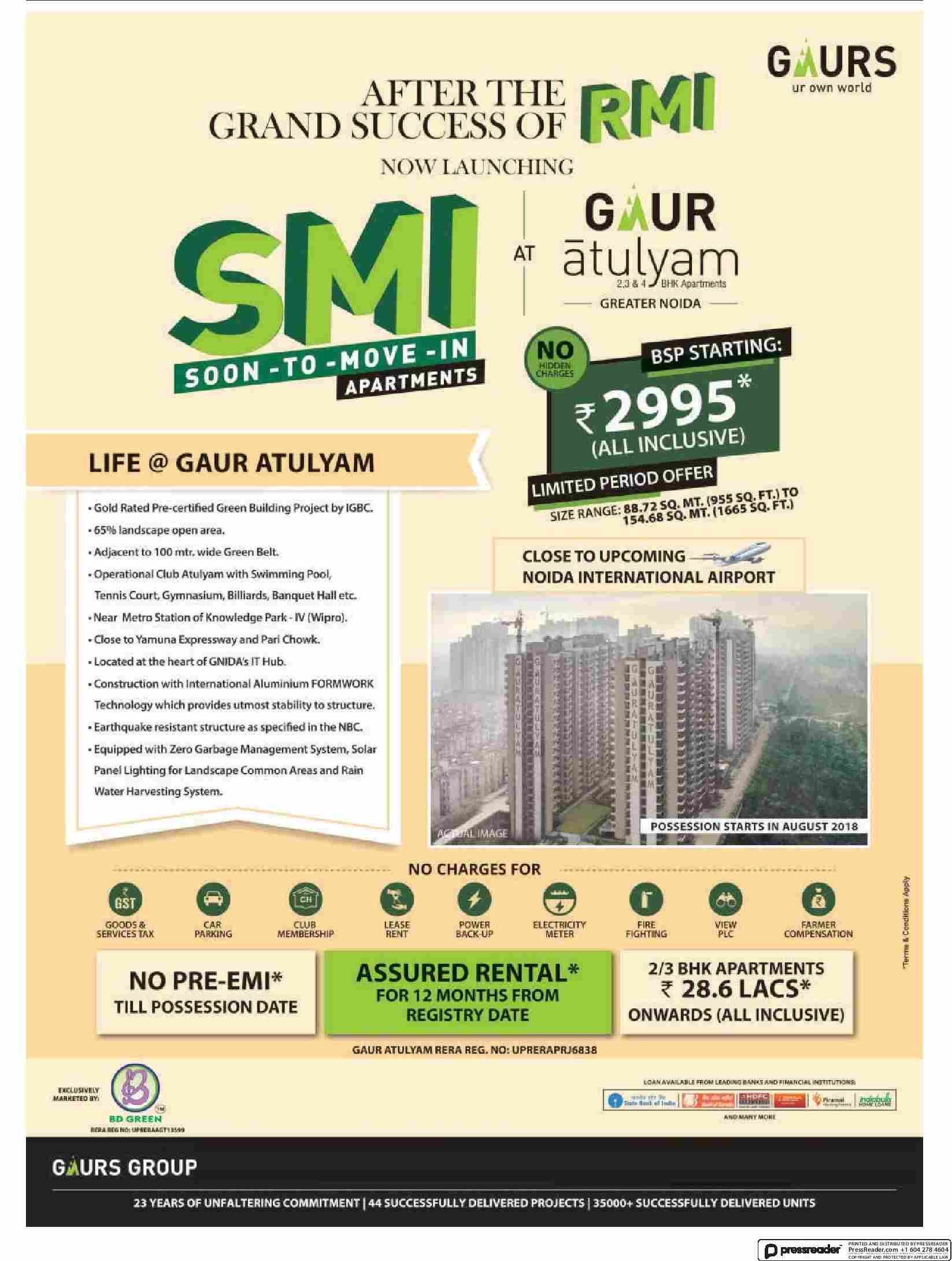 Pay no pre-EMI till possession at Gaur Atulyam in Greater Noida Update